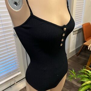 Chic Black Ribbed Women's Bodysuit